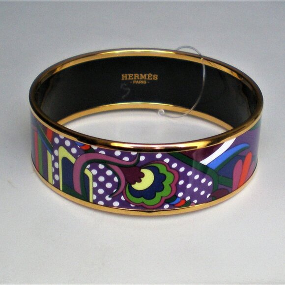 NWT Hermes Faubourg Rainbow Gold Plated Enamel Large Bangle Bracelet Size 65 - Picture 1 of 12